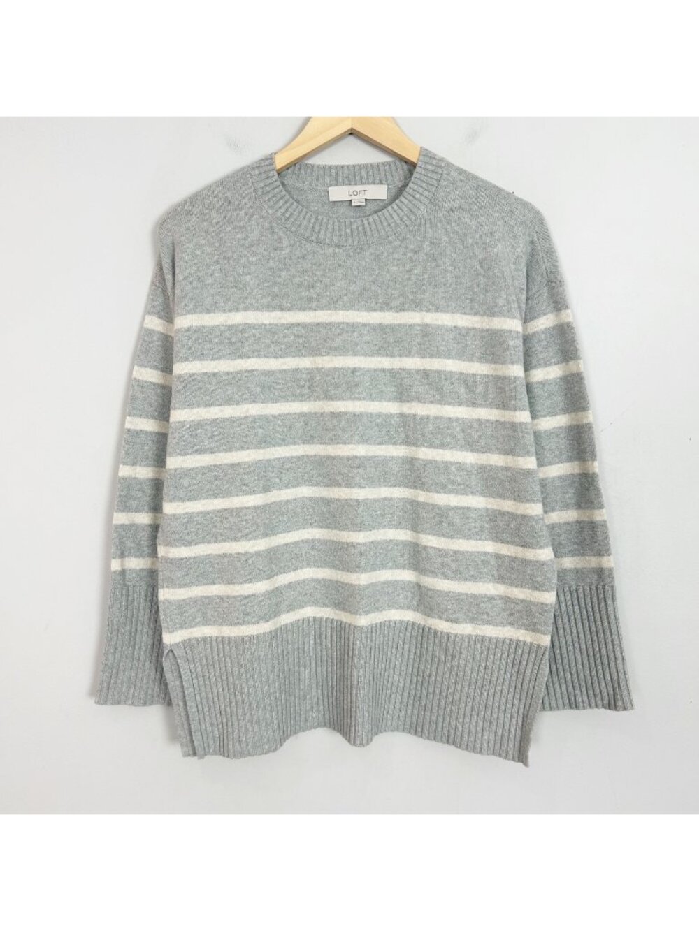 NEW Loft Gray Striped Crewneck Sweater Classic Fall Winter Size Small Women's